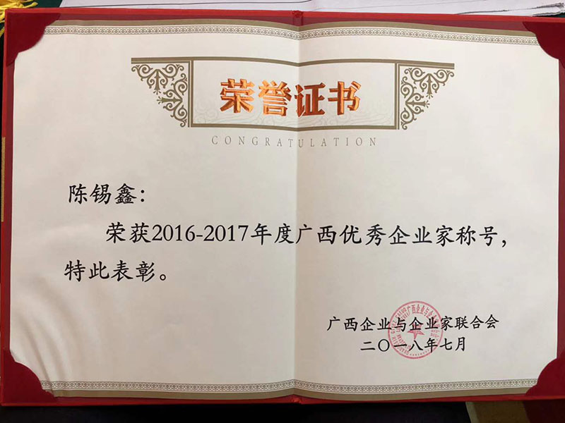 陈锡鑫董事长荣获“2016-2017年度广西优秀企业家”称号